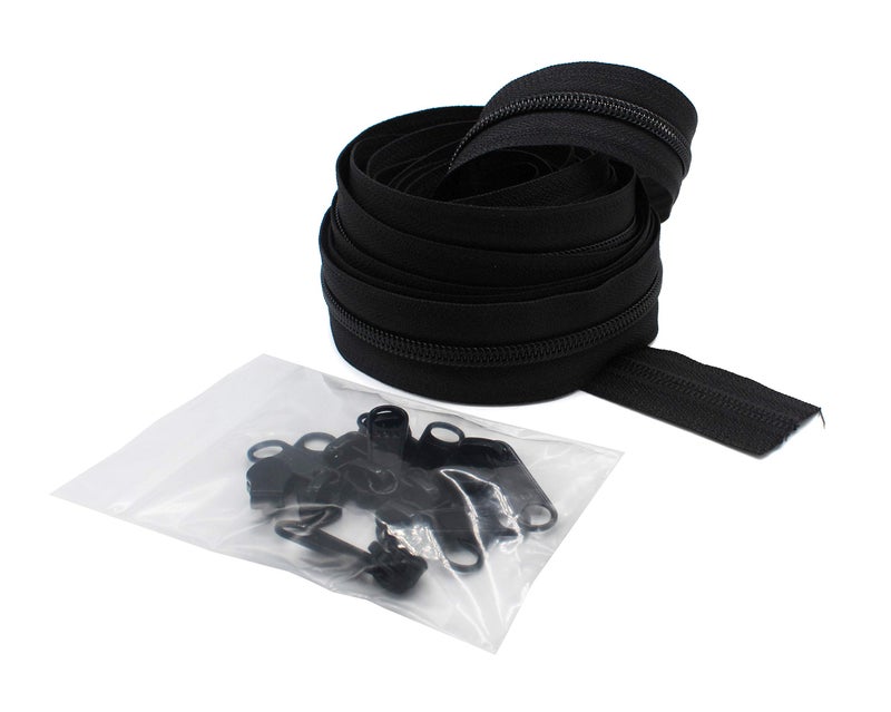 YKK #5 CN Zipper Coil Chain. Each Yard Comes with 2 Sliders. (Black, 5 Yards, 10 Black Sliders) - Image 1